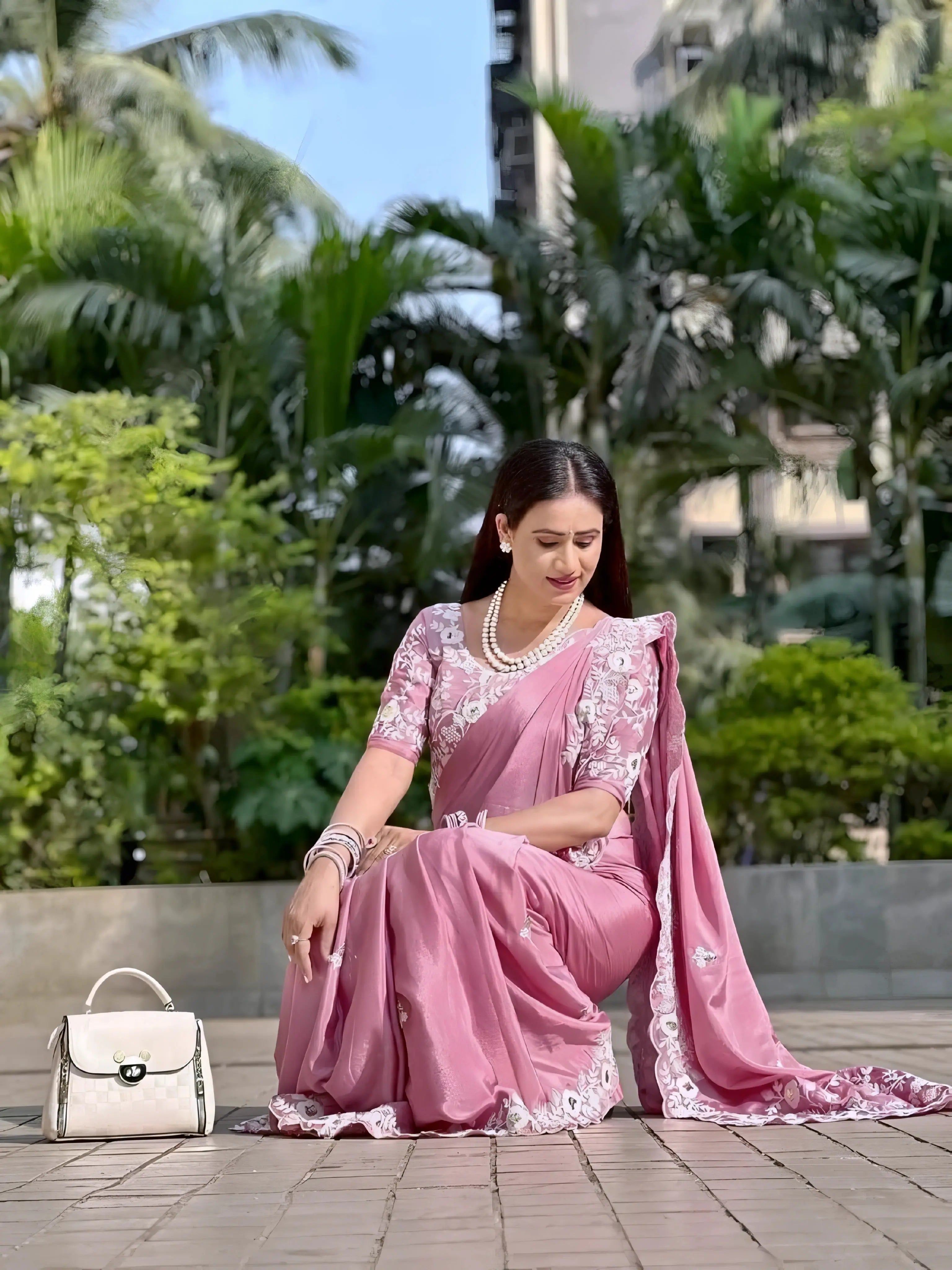 Pink Embroidery Work Soft Chinon Silk Saree